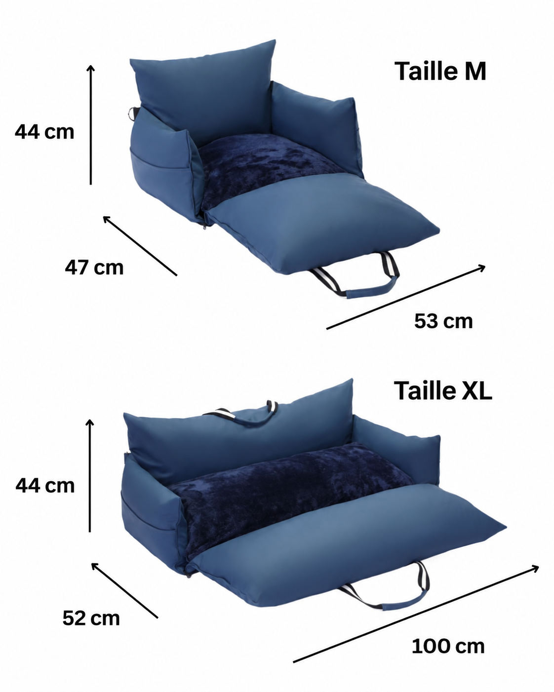 Dimensions : taille M 53 × 47 × 44 cm ; taille XL 100 × 52 × 44 cm